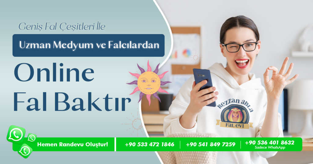 Bu görselde üzerinde rezzan abla fal evi logosu olan sevinçli bir kadın eli ile "tamam işareti yapıyor. Diğer elinde akıllı telefon tutuyor. Bu görselin yanında da "Gerçek uzmanlardan online fal baktır" yazıyor.