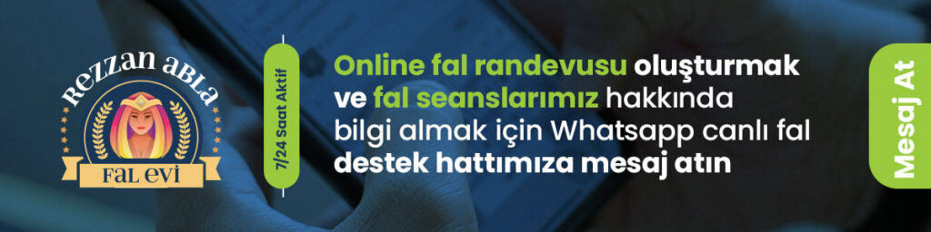 Bu görselde elinde tuttuğu telefon ile whatsapp üzerinden mesajlaşan adam fotoğrafı üzerinde "Rezzan abla fal evinden online fal randevusu oluşturmak için fal asistanlarımıza mesaj yazın" yazısı bulunuyor