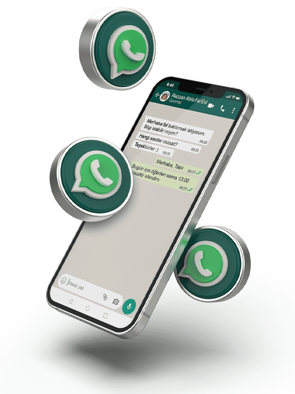 Rezzan Abla Fal Evi whatsapp hesabına mesaj atılmış akıllı telefon mockupı ve etrafında dönen 3d whatsapp butonları var