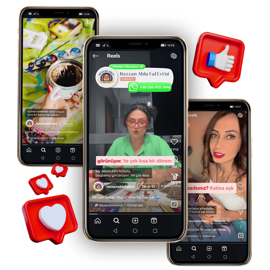 Rezzan Abla Fal Evi instagram hesabından farklı reels videolarının yer aldığı 3 akıllı telefon ve 3d beğeni sembolleri yer alıyor.